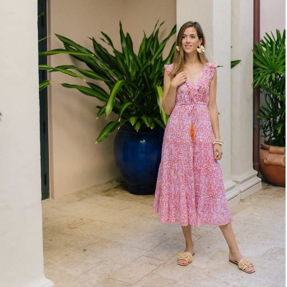 NWOT Mer St Barth Giselle Maxi Dress in Safi Pink Block Print MEDIUM